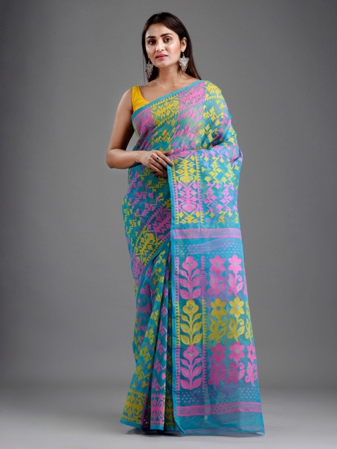 

Mitera Turquoise Blue & Fuchsia Ethnic Motifs Silk Cotton Jamdani Saree