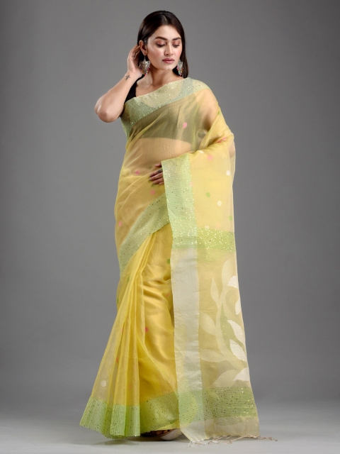 

Mitera Lime Green & Yellow Floral Art Silk Jamdani Saree