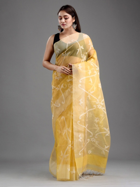 

Mitera Yellow & White Art Silk Jamdani Saree