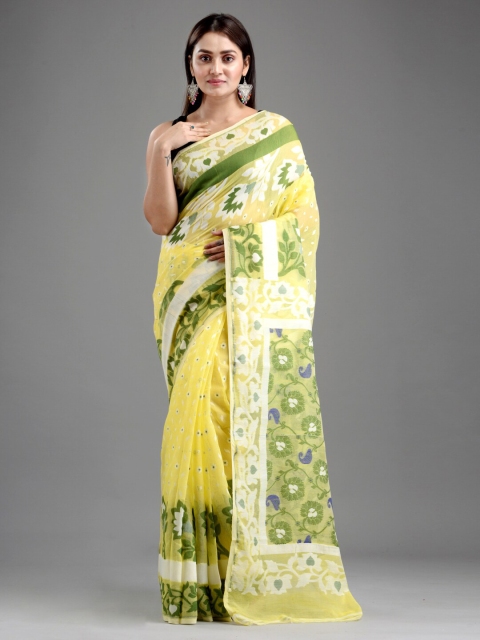 

Mitera Yellow & Green Ethnic Motifs Silk Cotton Jamdani Saree