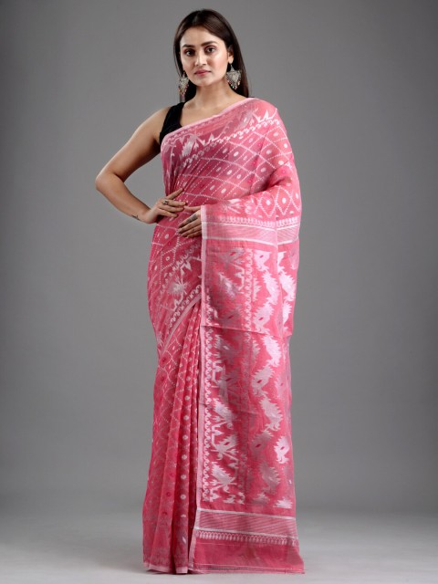 

Mitera Pink Floral Silk Cotton Jamdani Saree