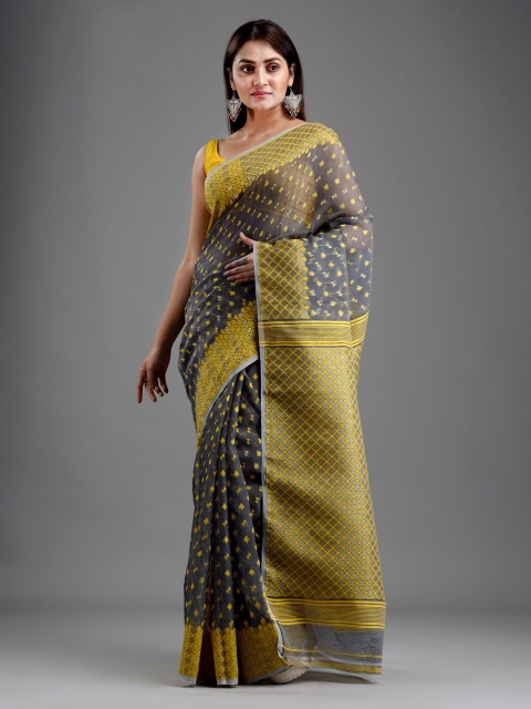 

Mitera Grey & Yellow Floral Woven Design Handloom Silk Cotton Jamdani Saree