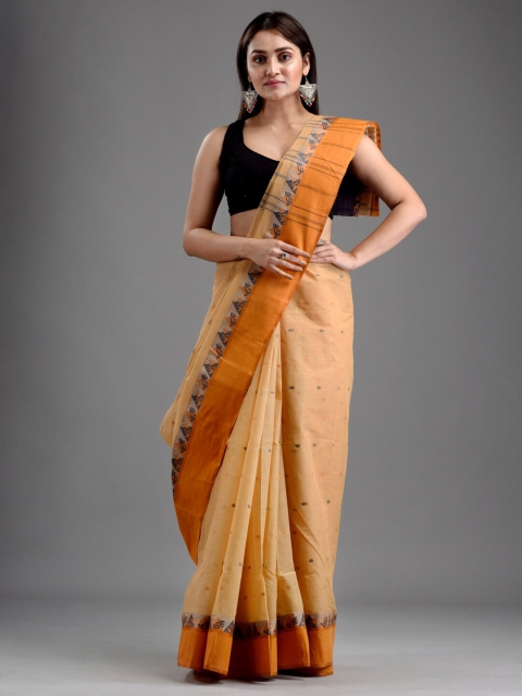 

Mitera Beige & Mustard Yellow Ethnic Motifs Pure Cotton Taant Saree