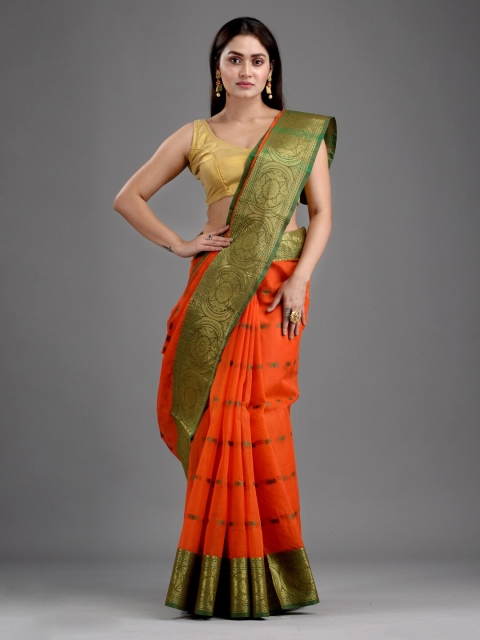 

Mitera Orange & Gold Ethnc Motifs Woven Design Pure Cotton Taant Saree