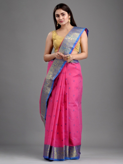 

Mitera Pink & Blue Floral Pure Cotton Taant Saree