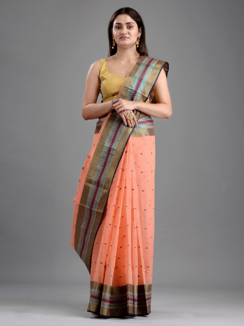 

Mitera Peach-Coloured & Blue Floral Pure Cotton Taant Saree