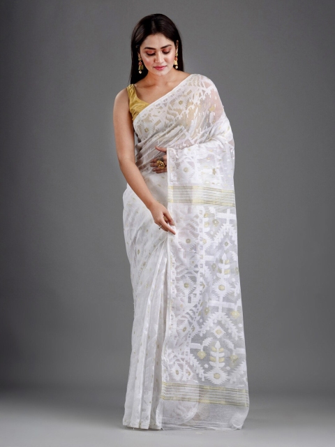 

Mitera White & Gold-Toned Ethnic Motifs Silk Cotton Jamdani Saree