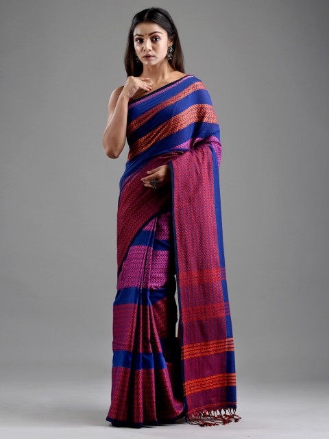 

Mitera Blue & Orange Striped Pure Cotton Saree
