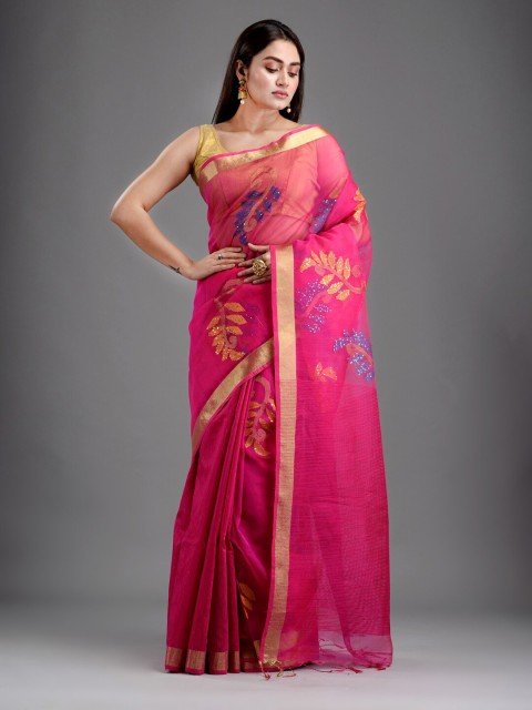 

Mitera Pink & Blue Floral Art Silk Jamdani Handloom Saree