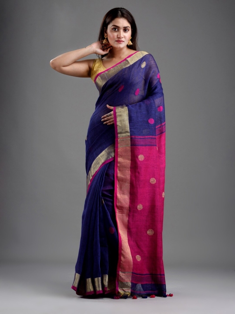 

Mitera Blue & Magenta Woven Design Pure Linen Saree