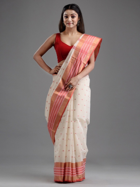 

Mitera Off White Ethnic Motifs Zari Pure Cotton Taant Saree