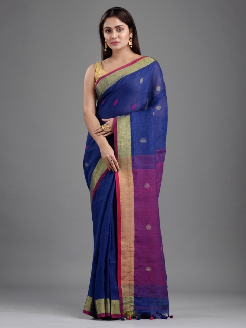 

Mitera Blue Ethnic Motifs Zari Pure Linen Saree