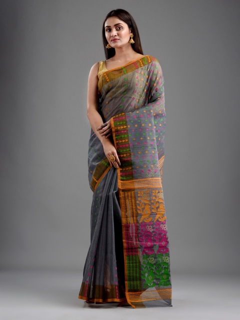 

Mitera Grey & Orange Ethnic Motifs Handloom Silk Cotton Jamdani Saree