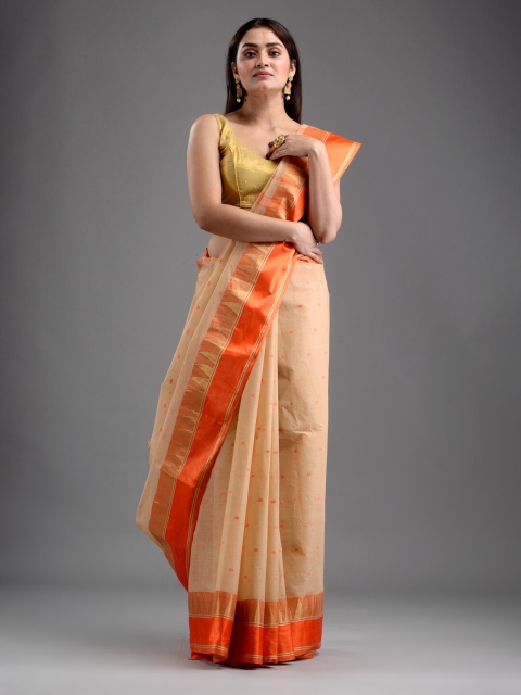

Mitera Beige & Orange Floral Pure Cotton Taant Saree