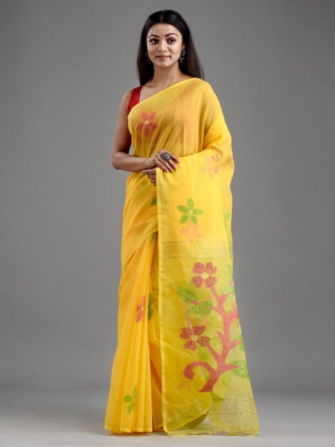 

Mitera Yellow & Magenta Floral Sequinned Silk Cotton Jamdani Saree