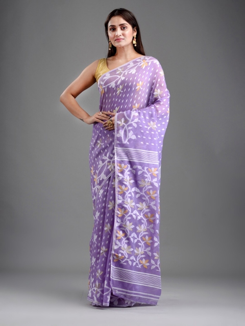 

Mitera Mauve & Tan Floral Silk Cotton Jamdani Saree