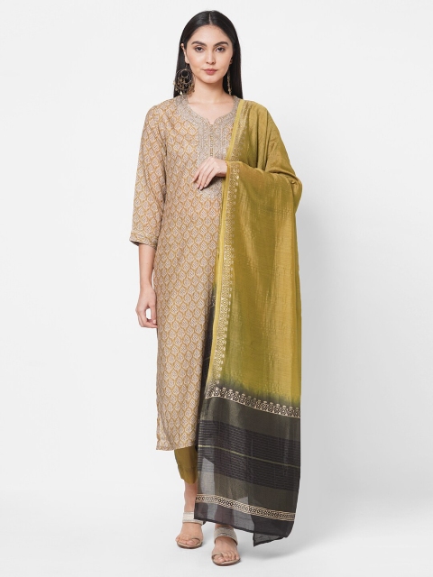

KAMI KUBI Beige & Mustard Yellow Printed Art Silk Unstitched Dress Material