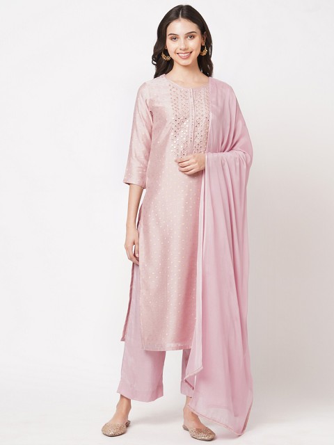 

KAMI KUBI Pink Embellished Art Silk Unstitched Dress Material