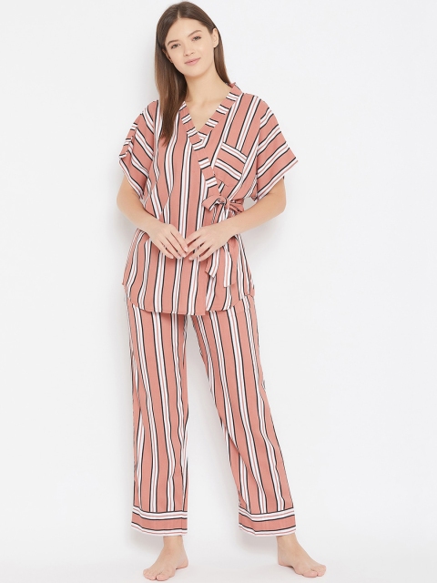 

The Kaftan Company Women Pink & White Striped Top & Pyjama Night suit