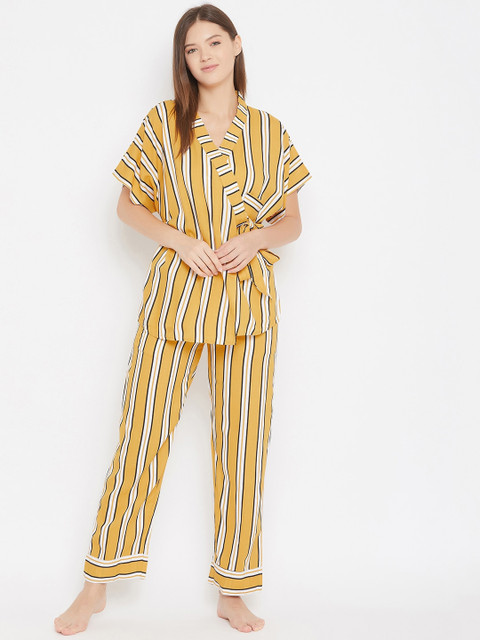 

The Kaftan Company Women Yellow & White Striped Night suit