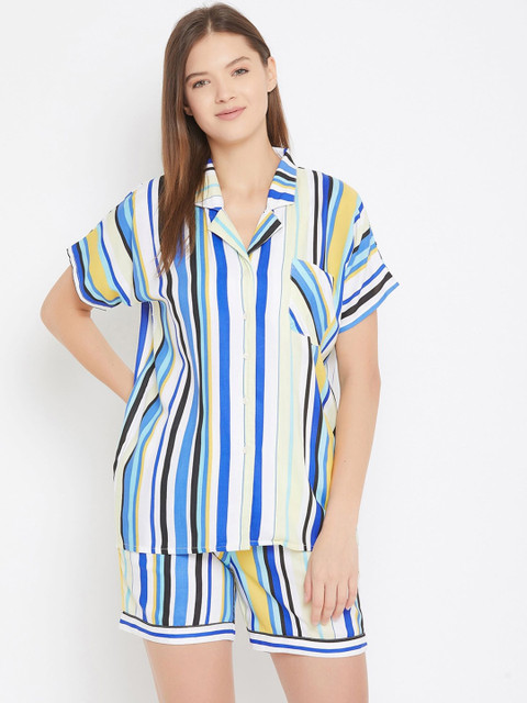 

The Kaftan Company Women White & Blue Striped Night suit