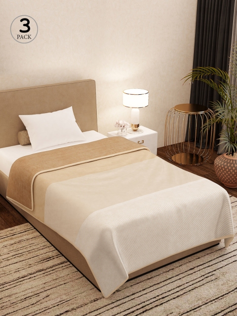 

Story@home Set of 3 Cream-Coloured & Beige Striped AC Room 400 GSM Single Bed Blanket