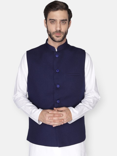 

NAMASKAR Men Navy Blue Solid Woven Nehru Jacket