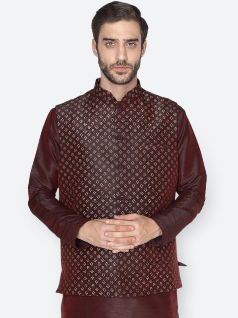 

NAMASKAR Men Maroon & Gold-Coloured Printed Woven Bandhgala Nehru Jacket