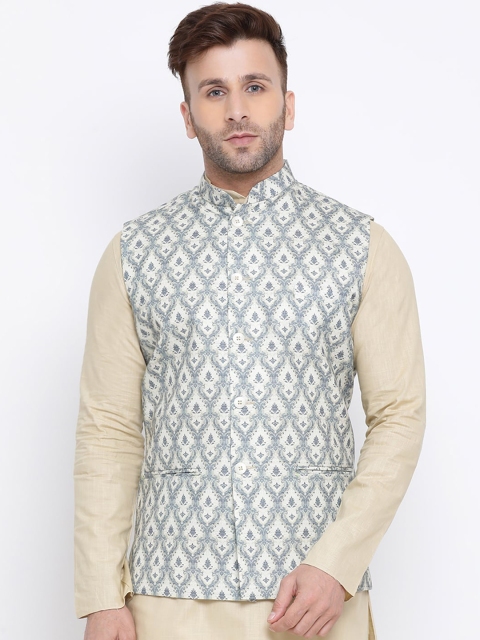 

NAMASKAR Men Cream-Coloured & Grey Printed Woven Nehru Jacket