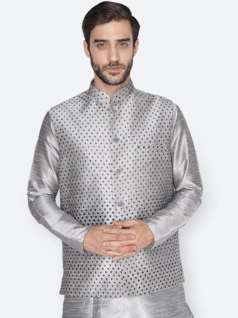 

NAMASKAR Men Silver-Coloured & Black Printed Woven Nehru Jacket