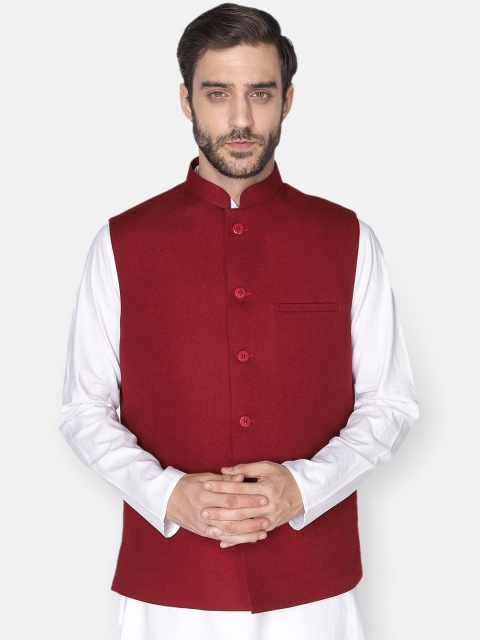 

NAMASKAR Men Maroon Solid Woven Nehru Jacket