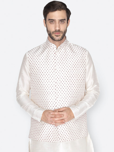 

NAMASKAR Men White & Red Printed Nehru Jacket