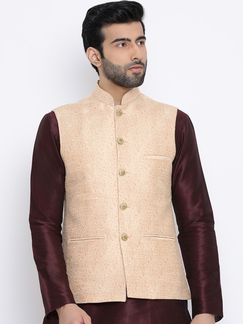 

NAMASKAR Men Pink & Beige Printed Woven Nehru Jacket