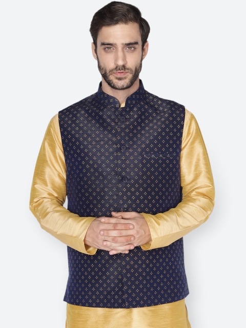 

NAMASKAR Men Navy Blue & Gold-Toned Printed Nehru Jacket For mens