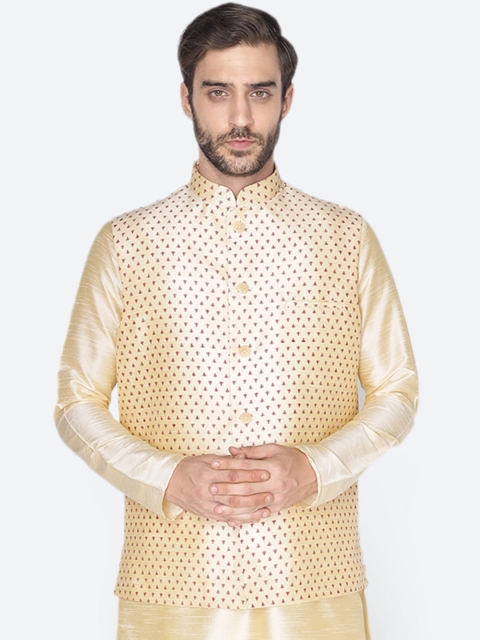 

NAMASKAR Men Cream-Coloured & Red Printed Bandhgala Nehru Jacket