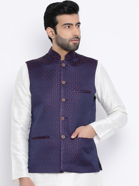 

NAMASKAR Men Navy Blue & Red Self Design Nehru Jacket