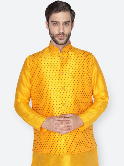 

NAMASKAR Men Yellow & Red Printed Woven Nehru Jacket