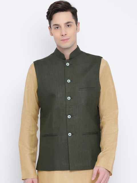 

NAMASKAR Men Green Solid Nehru Jacket