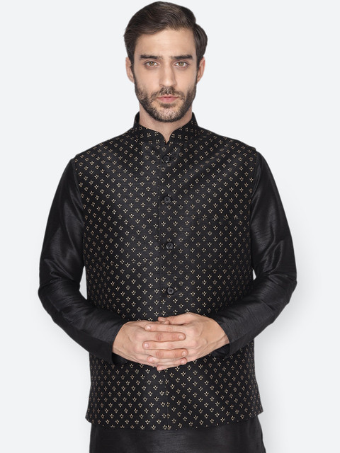 

NAMASKAR Men Black Printed Woven Nehru Jacket
