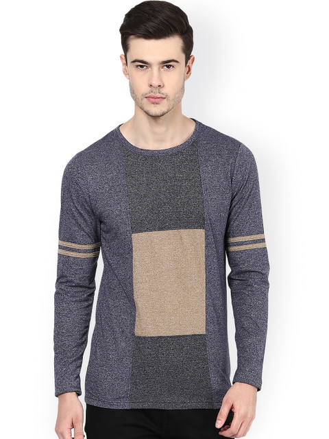 

Avoir Envie Men Blue & Beige Colourblocked Round Neck Slim Fit T-shirt