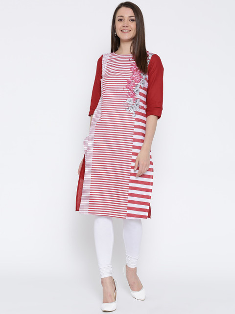 

AURELIA Women Red Striped Straight Kurta