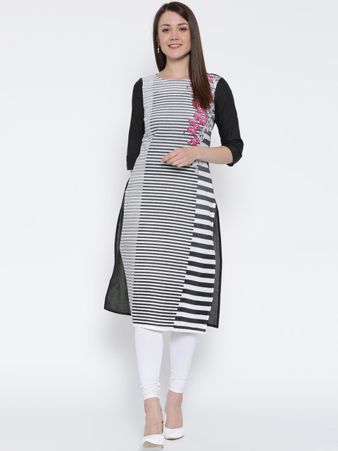 

AURELIA Women Black Striped & Printed Straight Kurta