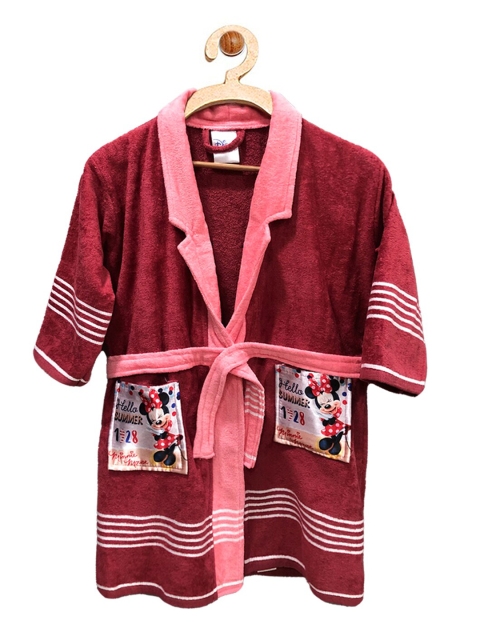 

YK Kids Maroon & White Striped Pure Cotton Minnie Mouse Bath Robe
