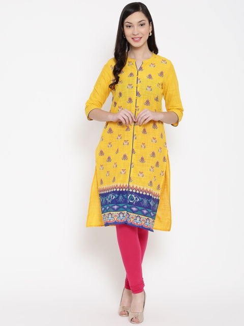 

AURELIA Women Yellow Printed Semi-Sheer Straight Kurta