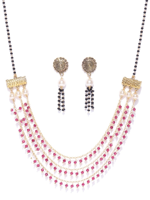 

Priyaasi Gold-Plated Magenta Pink & White Pearls Beaded Mangalsutra With Earrings