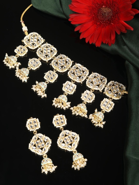 

Priyaasi Women Gold-Plated Stone Studded & Pearl Beaded Meenakari Jewelry Set