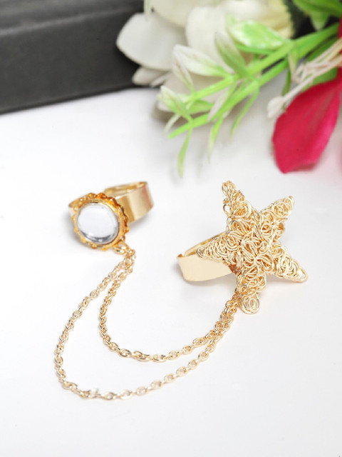 

Priyaasi Gold-Plated Stone-Studded Adjustable Dual Finger Ring