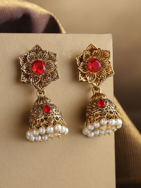 

Priyaasi Red Gold-Plated Handcrafted Floral Jhumkas