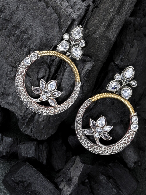 

Priyaasi Silver-Plated Oxidised CZ Studded Contemporary Drop Earrings