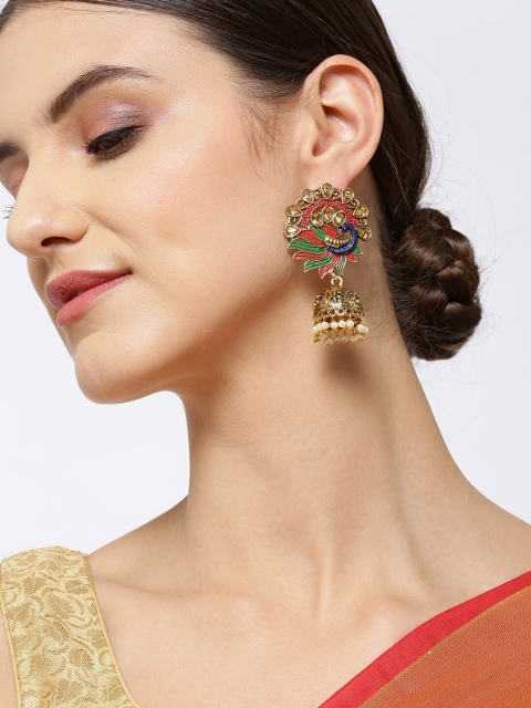 

Priyaasi Red & Green Gold-Plated Peacock Shaped Jhumkas Earrings